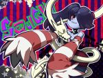  1girl bare_shoulders blue_skin detached_collar detached_sleeves hair_over_one_eye highres leviathan_(skullgirls) looking_at_viewer nika_(happyakuman) red_eyes skullgirls smile squigly_(skullgirls) stitched_mouth striped_sleeves zombie 