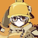  1girl alternate_costume artist_name atobesakunolove black-framed_eyewear brown_eyes brown_hair canister chin_strap closed_mouth coat drone face female firefighter glasses hand_up helmet long_sleeves looking_at_viewer machinery mei_(overwatch) orange_background overwatch rescue_mei robot salute short_hair simple_background smile snowball solo uniform upper_body 
