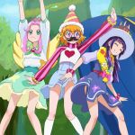  3girls ^_^ arm_up arms_up asahina_mirai blonde_hair blue_skirt closed_eyes glasses green_eyes green_skirt hanami_kotoha haruyama_kazunori hat izayoi_liko long_hair mahou_girls_precure! multiple_girls pink_hair precure purple_hair red-framed_eyewear short_hair skirt smile socks standing violet_eyes wings 