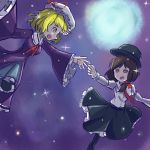  hand_holding highres maribel_hearn no_pupils open_mouth out_of_frame outstretched_arm outstretched_hand peroponesosu. purple_background red_eyes skirt skirt_lift space star touhou upper_body usami_renko wind wind_lift yellow_eyes 