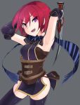  1girl armpits arms_behind_head arms_up black_legwear breasts dagger gloves korigitsune long_hair looking_at_viewer nel_zelpher open_mouth redhead scarf short_hair sideboob smile solo star_ocean star_ocean_till_the_end_of_time thigh-highs violet_eyes weapon 