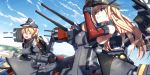  2girls :d bismarck_(kantai_collection) blonde_hair breasts cannon closed_eyes clouds cloudy_sky commentary_request elbow_gloves gloves grin hat highres kantai_collection long_hair machinery multiple_girls open_mouth peaked_cap prinz_eugen_(kantai_collection) sideboob sky smile tsuuhan turret 