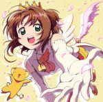  1girl brown_hair card_captor_sakura crown elbow_gloves fuuin_no_tsue gloves green_eyes kero kinomoto_sakura koitsu_(blue) magical_girl open_mouth reaching riding sleeveless wings 