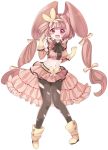  1girl :d black_legwear boots bow full_body gloves hair_bow koma_(niigata) lopunny midriff navel open_mouth personification pink_skirt pokemon red_eyes skirt smile solo standing twintails 