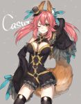  1girl :3 animal_ears bare_shoulders black_legwear blush bow breasts character_name chocoan cleavage detached_sleeves fate/extra fate/extra_ccc fate_(series) flower_ornament fox_ears fox_tail hair_bow hair_ribbon hand_in_hair hand_on_hip hat long_hair mini_hat mini_top_hat one_eye_closed pink_hair ribbon solo tail tamamo_(fate)_(all) tamamo_no_mae_(fate) thigh-highs top_hat twintails yellow_eyes 