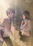  1boy 1girl absurdres black_hair blurry brown_eyes brown_hair depth_of_field hair_ribbon heizou_(hezo3361) highres kimi_no_na_wa leash miyamizu_mitsuha open_mouth ribbon school_uniform short_hair tachibana_taki train_station_platform 