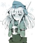  1girl ai_takurou alcohol beer beer_can blush can covered_navel cropped_jacket dress drunk fang garrison_cap gloves hat headgear kantai_collection long_hair military military_uniform monochrome nose_blush open_mouth puffy_sleeves solo translated u-511_(kantai_collection) uniform 