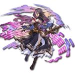  1girl bangs belt beltskirt black_boots black_gloves boots dress full_body gloves granblue_fantasy hair_between_eyes knee_boots long_hair mask minaba_hideo no_bra official_art purple_hair rosamia_(granblue_fantasy) sheath sheathed simple_background solo sword talisman transparent_background underbust weapon yellow_eyes 