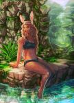  1girl abs animal_ears ashley_feemster bikini breasts cleavage final_fantasy final_fantasy_xii fran grey_hair highres long_hair looking_to_the_side navel plant rabbit_ears sitting solo stomach swimsuit toned very_long_hair water wet 