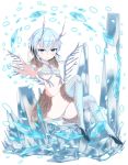  1girl aqua_hair black_hair blue_eyes crystal expressionless fur_trim high_heels highres horns jewelry looking_at_viewer multicolored_hair necklace original outstretched_hand sitting tem+ thigh-highs white_background wings 