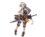  1girl bag belt dress full_body granblue_fantasy grey_eyes jewelry knee_pads looking_at_viewer minaba_hideo necklace open_mouth shield shoes short_dress short_hair shorts simple_background sleeveless smile solo standing weapon white_hair 
