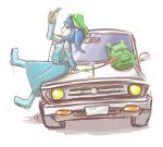  backpack bag car cattail cucumber ground_vehicle highres kawashiro_nitori leaning_back leaning_on_object looking_at_viewer looking_to_the_side motion_lines motor_vehicle peroponesosu. plant touhou white_background 