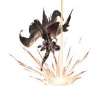  1girl armor attack bangs belt black_lipstick boremia cape full_body gauntlets granblue_fantasy holding holding_sword holding_weapon lipstick long_hair makeup minaba_hideo official_art pink_eyes pink_hair shield side_ponytail simple_background solo sword torn_cape torn_clothes transparent_background weapon 