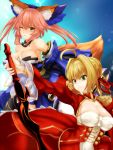  2girls absurdres aestus_estus ahoge animal_ears bell bell_collar blonde_hair breasts cleavage collar fate/extra fate_(series) fox_ears fox_tail green_eyes hair_ribbon highres multiple_girls nero_claudius_(fate) nero_claudius_(fate)_(all) one_eye_closed pink_hair ribbon shishin_(shishintei) tail tamamo_(fate)_(all) tamamo_no_mae_(fate) yellow_eyes 