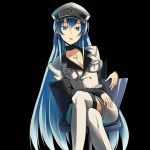  1girl akame_ga_kill! black_background blue_eyes blue_hair breasts esdeath hat large_breasts long_hair open_mouth simple_background sitting solo tattoo very_long_hair 