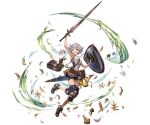  1girl belt dress full_body granblue_fantasy grey_eyes holding holding_weapon jewelry knee_pads leaf looking_at_viewer minaba_hideo necklace open_mouth shield shoes short_dress short_hair shorts simple_background smile solo weapon white_hair 