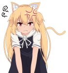  &gt;:( 1girl @ anger_vein angry animal_ears bangs blonde_hair blush bokota_(bokobokota) breasts cat_ears closed_mouth collarbone eyebrows eyebrows_visible_through_hair fang_out highres leaning_forward long_hair looking_at_viewer original red_eyes ribbon sailor_collar short_sleeves simple_background small_breasts solo tail twintails upper_body v_arms white_background white_ribbon 