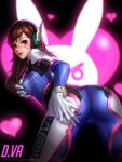  1girl artist_name ass bangs bent_over black_background blurry_background bracer breast_grab breasts brown_eyes brown_hair bunny_print character_name clothes_writing cowboy_shot d.va_(overwatch) eyelashes facial_mark gloves grabbing hand_on_breast headphones heart legs_apart liang_xing lips long_hair looking_at_viewer looking_back medium_breasts overwatch parted_lips pilot_suit ribbed_bodysuit shoulder_pads skin_tight solo swept_bangs watermark web_address wedgie whisker_markings white_gloves 