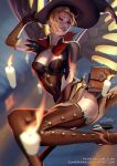  1girl alternate_costume banned_artist breasts broom broom_riding candle cleavage floating looking_at_viewer mercy_(overwatch) overwatch solo witch witch_mercy zumi_(zumidraws) 