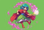  1girl abysswolf cape dress fara fara_&amp;_the_eye_of_darkness fire green_background green_hair looking_at_viewer magic magical_girl pixel_art solo violet_eyes wand 