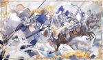  armor armored_dress arrow bird blonde_hair blue_legwear bow_(weapon) braid fate/grand_order fate/stay_night fate_(series) flag full_armor headpiece helmet highres horse lance nine_(liuyuhao1992) polearm riding ruler_(fate/apocrypha) single_braid spear thigh-highs violet_eyes weapon 