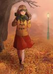  1girl ankle_boots autumn autumn_leaves bare_tree black_gloves blurry boots brown_hair coat depth_of_field expressionless fur_trim gloves green_eyes green_scarf highres idolmaster idolmaster_cinderella_girls kouwata_(tkhty) lamppost looking_away outdoors red_skirt scarf shibuya_rin short_hair skirt solo tree walking 