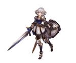  1girl armor armored_boots belt blue_eyes boots breastplate farrah_(granblue_fantasy) full_body gauntlets granblue_fantasy holding holding_weapon looking_at_viewer minaba_hideo pantyhose pleated_skirt shield short_hair shoulder_pads simple_background skirt standing thigh-highs weapon white_hair 