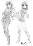  2girls belt boots dress earrings full_body greyscale hand_on_hip highres jewelry knee_boots long_hair looking_at_viewer miniskirt monochrome moriguchi_nao_(naonao) multiple_girls original short_dress short_hair simple_background skirt sleeves_rolled_up smile standing white_background 
