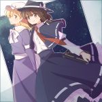  2girls :o armband black_hat black_skirt blonde_hair blue_border book bow braid brown_eyes brown_hair capelet collared_shirt commentary_request dress dutch_angle fedora frilled_skirt frills hair_bow hat hat_bow hat_ribbon holding holding_book juliet_sleeves long_sleeves looking_at_viewer maribel_hearn mob_cap multiple_girls neck_ribbon necktie puffy_sleeves purple_dress red_necktie ribbon shirt short_hair single_braid skirt sky smile star star_(sky) starry_background starry_sky touhou unagi_sango usami_renko white_background white_bow white_hat white_ribbon white_shirt yellow_eyes 