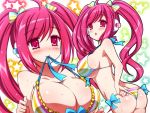  1girl :o adjusting_clothes adjusting_swimsuit ahoge ass bikini blush bow breasts cleavage female frilled_bikini frills hair_bow hair_ornament hair_ribbon headphones large_breasts long_hair long_twintails looking_back mouth_hold multiple_views nikuchimaki open_mouth pink_eyes pink_hair rasis ribbon shiny shiny_skin skindentation smile sound_voltex star strap_gap striped striped_bikini sweat swimsuit twintails 