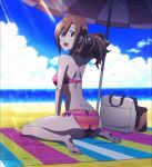  1girl back bag barefoot beach beach_towel bikini brown_eyes brown_hair clouds feet female highres long_hair looking_at_viewer ocean open_mouth parasol ponytail screencap seitokai_yakuindomo shichijou_aria sitting sky soles solo sunlight swimsuit toes towel umbrella wariza 