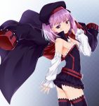  1girl ass bare_shoulders black_panties detached_sleeves fate/grand_order fate_(series) hat helena_blavatsky_(fate/grand_order) highres jacket jacket_removed looking_at_viewer mishin_(mbmnk) panties purple_hair short_hair smile solo thigh-highs underwear violet_eyes 