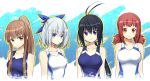  4girls antenna_hair aoba_kazane black_hair blue_eyes breasts brown_eyes brown_hair collarbone competition_swimsuit hair_ribbon highres kaminashi_nozomi keijo!!!!!!!! long_hair medium_breasts miyata_sayaka multiple_girls one-piece_swimsuit ponytail red_eyes redhead ribbon short_hair sidelocks smile swimsuit toyoguchi_non twintails upper_body white_hair yoshiteruxx 