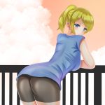 1girl ass ayase_eli bike_shorts blonde_hair blue_eyes blue_shirt blush breasts female fosamaguna from_behind highres leaning leaning_forward long_hair looking_at_viewer love_live!_school_idol_project ponytail shirt sideboob sky solo 