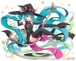  1girl aqua_eyes aqua_hair artist_name detached_sleeves full_body gloves hat hatsune_miku long_hair looking_at_viewer nyanya open_mouth solo star thigh-highs toeless_legwear twintails vacuum_cleaner very_long_hair vocaloid white_background witch_hat 