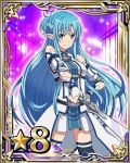  1girl asuna_(sao-alo) blue_eyes blue_hair blue_legwear card_(medium) detached_sleeves hand_on_hip holding holding_sword holding_weapon long_hair looking_at_viewer number pointy_ears skirt solo star sword sword_art_online thigh-highs weapon zettai_ryouiki 