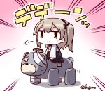  1girl bandage_on_face bandaged_arm black_ribbon boko_(girls_und_panzer) brown_hair chibi closed_mouth commentary_request doyagao fuguno girls_und_panzer hair_ribbon long_hair looking_at_viewer ribbon riding riding_machine shimada_arisu side_ponytail smug translation_request twitter_username |_| 