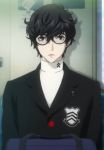  1boy black_hair curly_hair glasses kurusu_akira male_focus persona persona_5 protagonist_(persona_5) school_uniform screencap short_hair stitched 