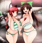  2girls animal_ears asymmetrical_docking between_breasts bikini blush bow braid breast_press breasts brown_hair cat_ears cat_tail cleavage extra_ears female grin hair_bow hair_ribbon hand_holding huge_breasts hydrant_(kasozama) kaenbyou_rin long_hair looking_at_viewer multiple_girls multiple_tails nekomata no_wings one_eye_closed open_mouth red_eyes redhead reiuji_utsuho ribbon side-tie_bikini skindentation smile standing swimsuit symmetrical_docking tail thighs third_eye touhou twin_braids wings wink 