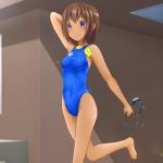  1girl arena_(company) barefoot blue_eyes blue_swimsuit brown_hair competition_swimsuit covered_navel goggles highleg highleg_swimsuit highres holding_goggles one-piece_swimsuit original short_hair smile swimsuit tan yonesuke_(yonesukesuke) 