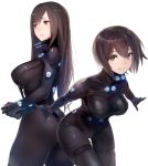  2girls bangs black_bodysuit breasts brown_hair clenched_hands cowboy_shot erect_nipples eyelashes gantz gantz_suit glowing hair_between_eyes highres large_breasts leaning_forward light_frown long_hair looking_at_viewer looking_to_the_side medium_breasts multiple_girls outstretched_arms own_hands_together parted_lips shimohira_reika short_hair simple_background skin_tight standing swept_bangs taishi_(picchiridou) teeth thigh_gap white_background yamasaki_anzu 