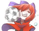  ball capelet disembodied_head face highres looking_at_viewer motion_lines no_pupils open_mouth peroponesosu. red_eyes sekibanki snow soccer_ball teeth touhou upper_body white_background 