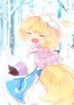  1girl :d ^_^ absurdres blonde_hair closed_eyes dress fox_tail hat highres japa looking_at_viewer mittens open_mouth outstretched_arms pillow_hat scarf short_hair smile snow snowing spread_arms tabard tail touhou tree yakumo_ran younger 
