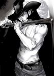  1boy belt chinstrap dracule_mihawk hat kimi_schizo looking_at_viewer male_focus monochrome muscle one_piece solo sword topless weapon 