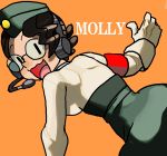  1girl armband back brown_hair character_name female from_behind glasses hat headset looking_back military military_uniform molly_(skullgirls) open_mouth orange_background simple_background skullgirls smile solo tagme uniform wavy_mouth 