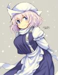 1girl arms_behind_back blue_eyes breasts dated grey_background hat iroyopon large_breasts letty_whiterock purple_hair smile snow solo touhou 