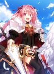  1boy :d bangs black_bow black_dress black_legwear black_ribbon blue_sky bow braid cape clouds dress eyebrows eyebrows_visible_through_hair fang fate/grand_order fate_(series) feathers fur_cape fuyuki_(neigedhiver) garter_straps gauntlets hair_bow hair_ribbon highres horseback_riding lance long_hair looking_at_viewer open_mouth pink_eyes pink_hair polearm ribbon rider_of_black riding short_dress single_braid sky smile thigh-highs trap weapon white_cape 