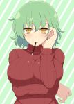  1girl blush breast_hold breasts food food_in_mouth green_hair hair_tucking highres hikage_(senran_kagura) ichiryuu_tsumiki impossible_clothes large_breasts looking_at_viewer mouth_hold pocky ribbed_sweater senran_kagura senran_kagura_(series) short_hair slit_pupils solo striped striped_background sweater turtleneck_sweater upper_body yellow_eyes 