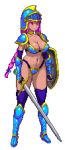  animated animated_gif armor bouncing_breasts breasts chijoku_no_troll_busters cleavage dark_skin gloves knight large_breasts lowres pixel_art purple_hair red-p red_eyes shield sword warrior weapon 