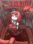  bat_wings book bookshelf eyebrows eyebrows_visible_through_hair flying highres koakuma library looking_up no_pupils peroponesosu. red_background red_eyes the_embodiment_of_scarlet_devil touhou voile wings 